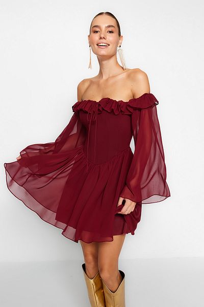 Trendyol Collection Bordó sifon estélyi ruha - A-szabású, bélelt és fodros, TPRSS23EL00096