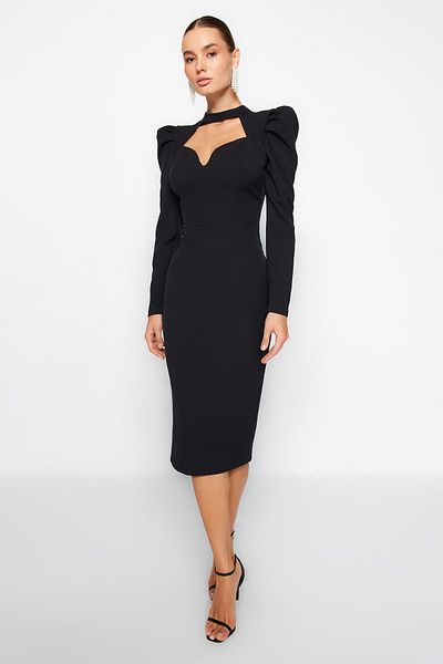 Trendyol Collection Schwarzes, tailliertes, gewebtes, elegantes Abendkleid TPRAW24EL00004