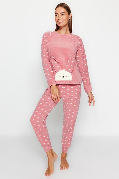Trendyol Collection Powder 3-teiliges Fleece-Winter-Strickpyjama-Set mit Herz-Schlafband THMAW21PT0666