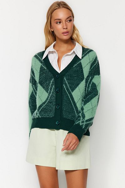Trendyol Collection V-nyakú zöld kötött kardigán - puha textúra, bolyhos TWOAW24HI00224