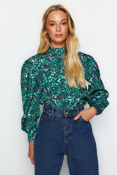 Trendyol Collection Zöld, magas galléros mintás szőtt blúz TWOAW21BZ0269