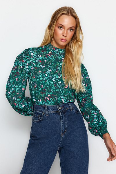 Trendyol Collection Zöld, magas galléros mintás szőtt blúz TWOAW21BZ0269