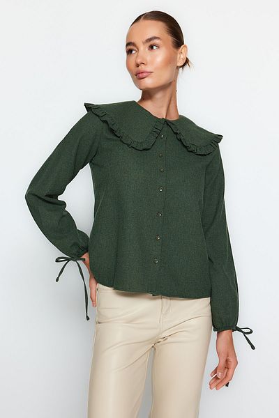 Trendyol Collection Sötét khaki nagy galléros részletes szőtt ing TWOAW21GO0677