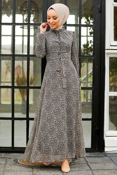 Neva Style - Rochie Hijab Gri cu Motiv Leopard 27904gr