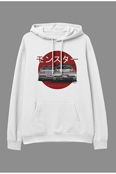YQYQ Oversize Araba Nissan Tasarım Baskılı Kapüşonlu Sweatshirt Hoodie Beyaz