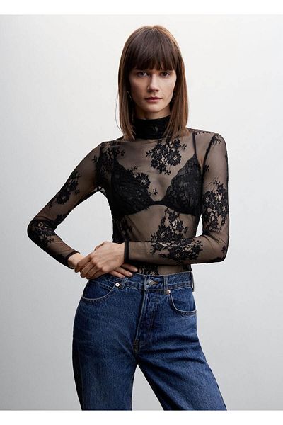 MANGO Woman Floral Lace T-Shirt