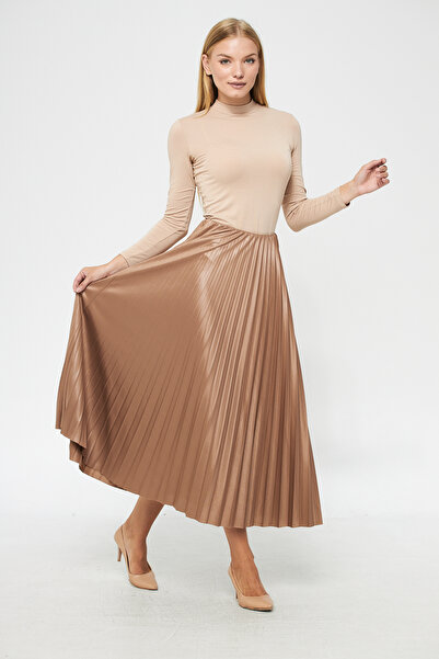 comstar Κρεμ δερμάτινη εμφάνιση Λεπτή πλισέ φούστα, φούστα ειδικής ημέρας, πλισέ φούστα, χιτζάμπ φούστα, ρούχα χιτζάμπ