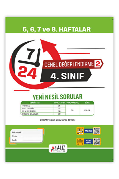 Analiz Yayınları 4.SINIF 7/24 HAFTALIK GENEL DEĞERLENDİRME SINAVI 8'Lİ