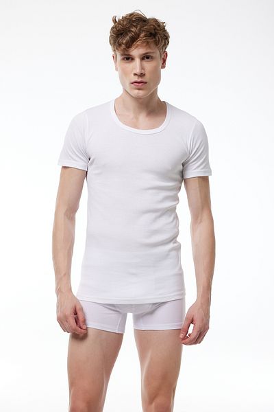 Malabadi Men's White 2 Pack 100% Cotton Wide Collar Ribbed Undershirt 035