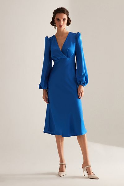 BETTY & SAM Fröhliches blaues, zweireihiges, ausgestelltes Kleid mit Kragen