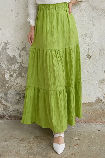 InStyle Nadia rugalmas derék Seersucker szoknya - olajzöld