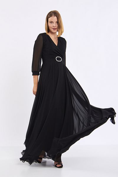 Moda Tuğram Black Asymmetric Cut Glittery Maxi Evening Dress