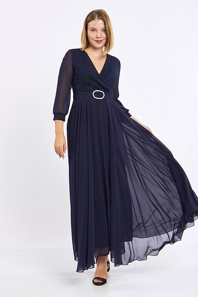 Moda Tuğram Navy Blue Asymmetrical Cut Glittery Maxi Evening Dress