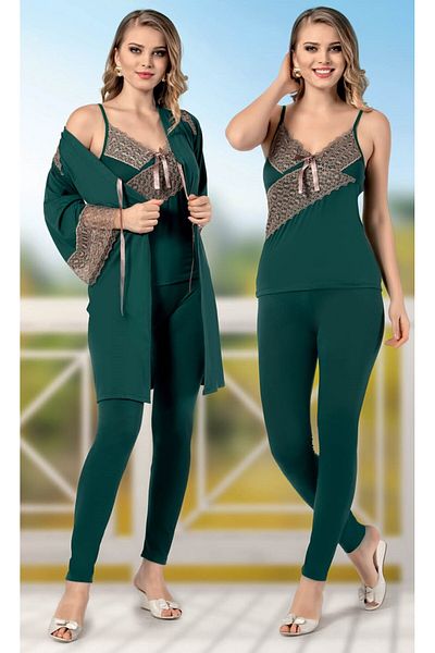 JENİKA Women's Dressing Gown Lace Detailed 3-Piece Pajamas Set