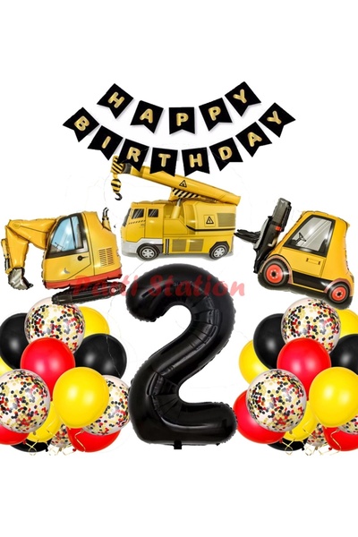 Parti Station İş Makinaları İnşaat Parti 2 Yaş Balon Set Kepçe Balon Vinç Bal...