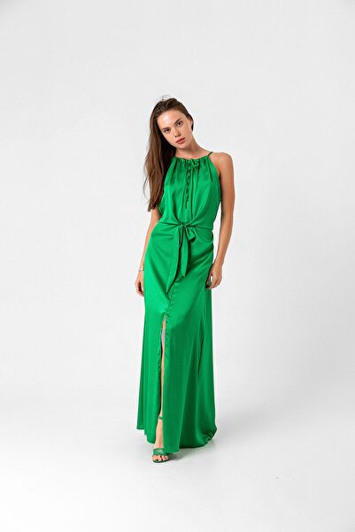 Sands Tekstil Slit Satin Dress with Tie Detail