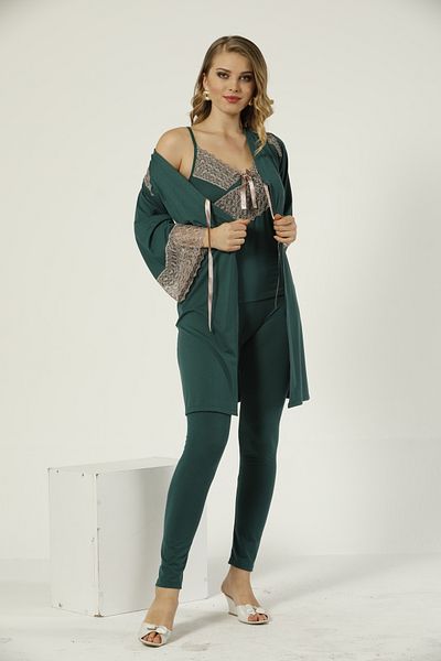 JENİKA Women's Dressing Gown Lace Detailed 3-Piece Pajamas Set
