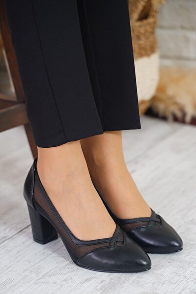 Moda Pie Nala Çapraz Fileli Kadın Topuklu Ayakkabı Siyah Saten