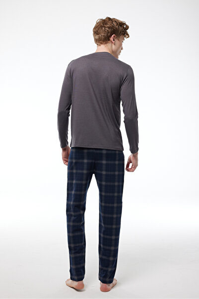 Malabadi Füme Ekoseli Erkek Pijama Takımı V Yaka Kışlık Uzun Kollu Pijama 6014