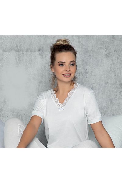 JENİKA Set de pijamale cu mâneci scurte, cu decolteu în V, cu dantelă