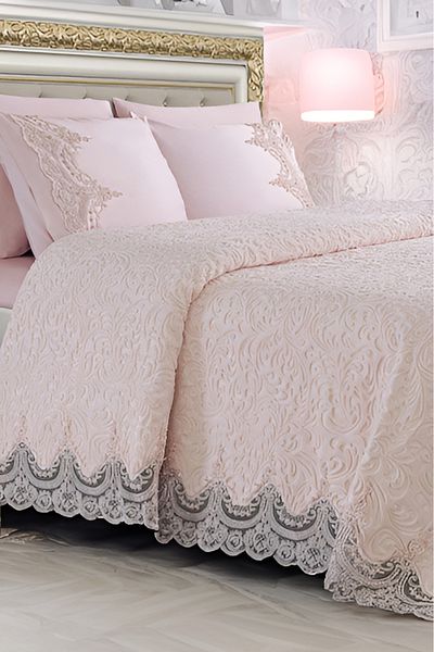 STEEL HOME COLLECTİON Trend Fabric French Lace, Guipure 6 Piece Blanket Set Powder (BOXED)