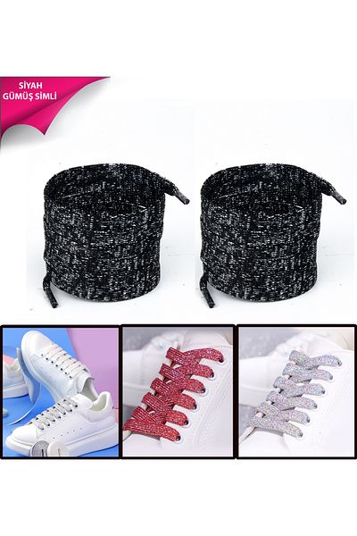 AiryFooT Black Silver Glitter Flat Laces, Boot, Sports, Daily Shoe Laces 120 cm