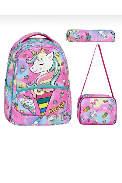 Generic Brand Geantă de școală cu model unicorn pentru școala primară din 3 p...