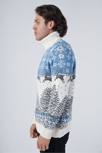 Trist Star Bone Men's Jacquard Deer Patterned Turtleneck New Year's Knitwear Wool Sweater