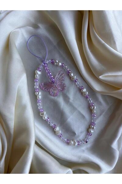 PEONY peonyofficiall Sallanan Kelebek İnci Ve Kristal Tasarım Telefon Charmı Telefon İpi Telefon Aksesuarı Çanta Süsü