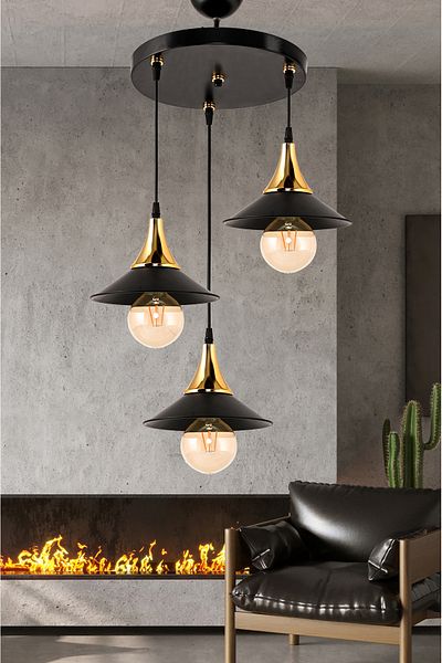 DEDE TRIPLE EMBUDO TRAY CHANDELIER WITH GOLD FUNNLE JAPANESE HAT