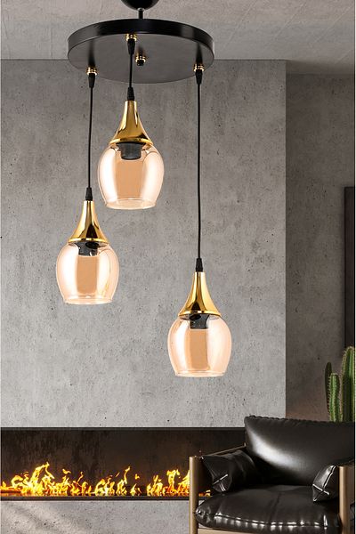 DEDE TRIPLE EMBUDO TRAY CHANDELIER WITH GOLD FUNNLE HONEY GLASS