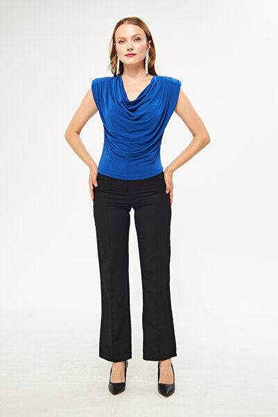 vuvutasarım Women's Flexible Sandy Fabric Shoulders Padded Collar Saks Blue Blouse 1009