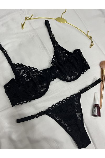 mendoza store Set sutien cu chiloți cu flori cu broderie neagră