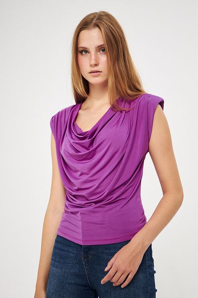 vuvutasarım Padded Shoulders Flexible Sandy Fabric Scoop Neck Sleeveless Purple Blouse 1009