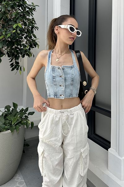 Nazliye Buttoned Denim Corset Bustier