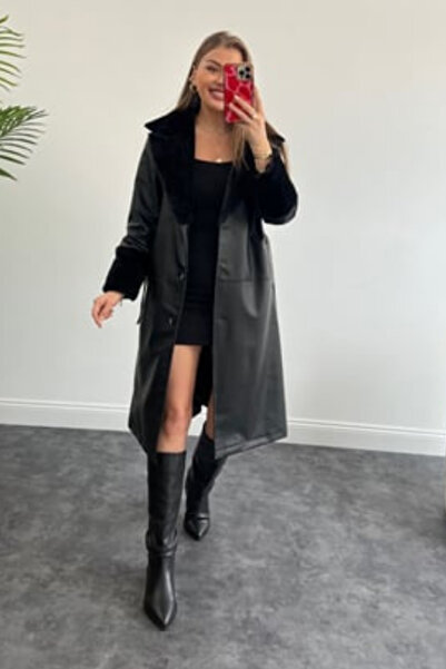 buqre's moda Γυναικείο δερμάτινο παλτό με γούνινο μανίκι και γιακά με ζώνη