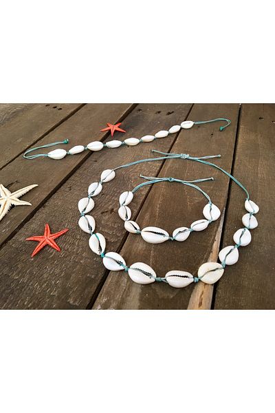 özde dekor Sea Shell 3-Piece Jewelry Set (NECKLACE&CALKET&BRACELET) with Turquoise String