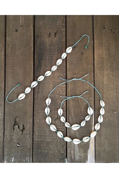 özde dekor Sea Shell 3-Piece Jewelry Set (NECKLACE&CALKET&BRACELET) with Turquoise String