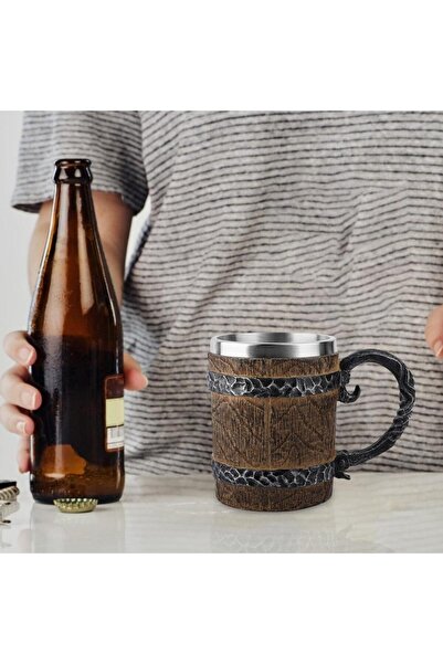 hediyeconcepti Viking Wooden Style Vintage 450ml Embossed Mug Cup