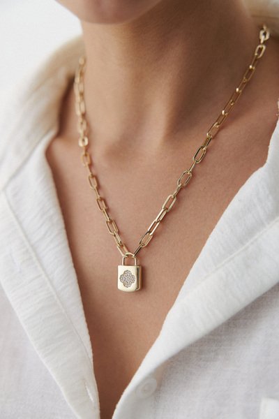 YAVUZ KUYUMCULUK 14 Ayar Altın Ataş Zincir Taşlı Yonca Kilit Kolye