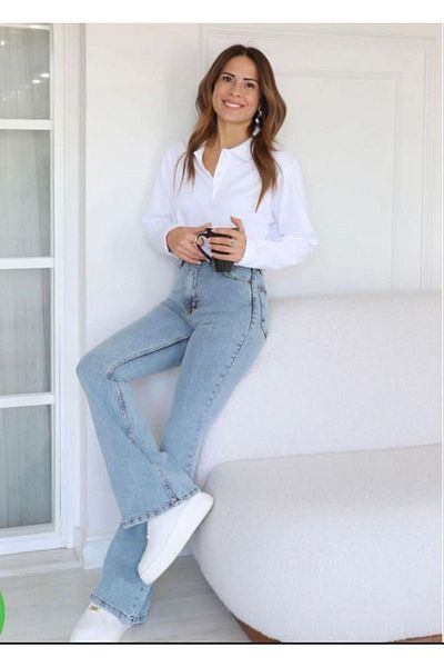 MAKRAS EXCLUSIVE Emily Ice Snow Spaniol Blue Jeans Talie Înaltă Blue Snow Wash Flare Jeans Pantaloni Denim