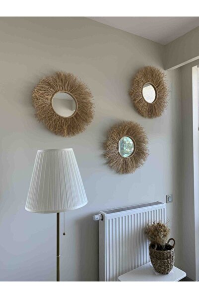 MY Golden Beauty Dekoratif Aynalı Rafya Duvar Süsü Bohemian Style 3 Adet 45 Cm