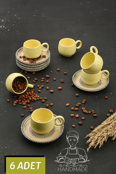 Pazarika Lavinya 12 Piece Lux Ceramic Coffee Cup Set for 6 Persons Coffee Cup Handmade Yellow