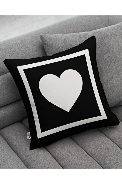 Hayal Dekoratif Μαύρο Χρώμα Λευκή Καρδιά Ψηφιακή στάμπα Ριχτάρι - Μαξιλαροθήκη