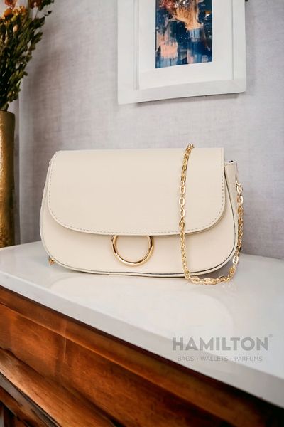 HAMILTON Geantă de umăr elegantă, crem, cu cureaua cu lanț încrucișat, din piele moale, texturată, cu un singur ochi