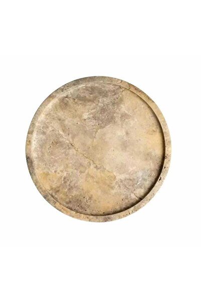 Sümeyra Marble Art NATURAL BEIGE-SILVER ROUND MARBLE PRESENTATION TRAY - WITH FOOT- 30CM - SILVER TRAVERTINE