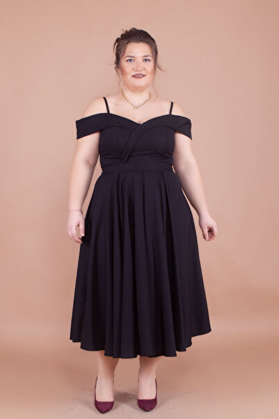 NO48 Rochie neagră midi cu bretele, cu detaliu de umăr scobit și plisată