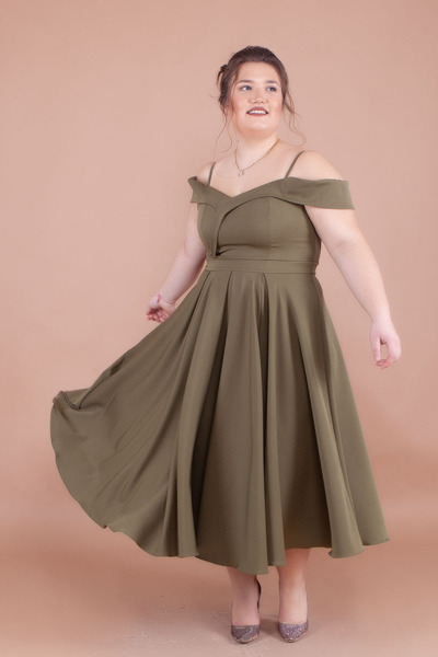 NO48 Khaki Midi Large Size Strappy Off-Shoulder Detail Pleated Dress