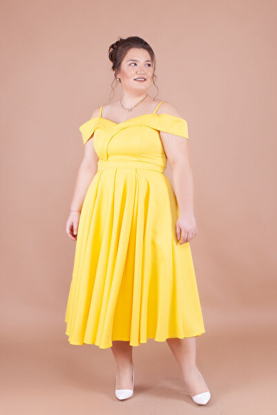 NO48 Yellow Midi Length Plus Size Strappy Off-Shoulder Detail Pleated Dress