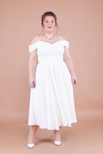 NO48 White Midi Length Plus Size Strappy Off-Shoulder Detail Pleated Dress